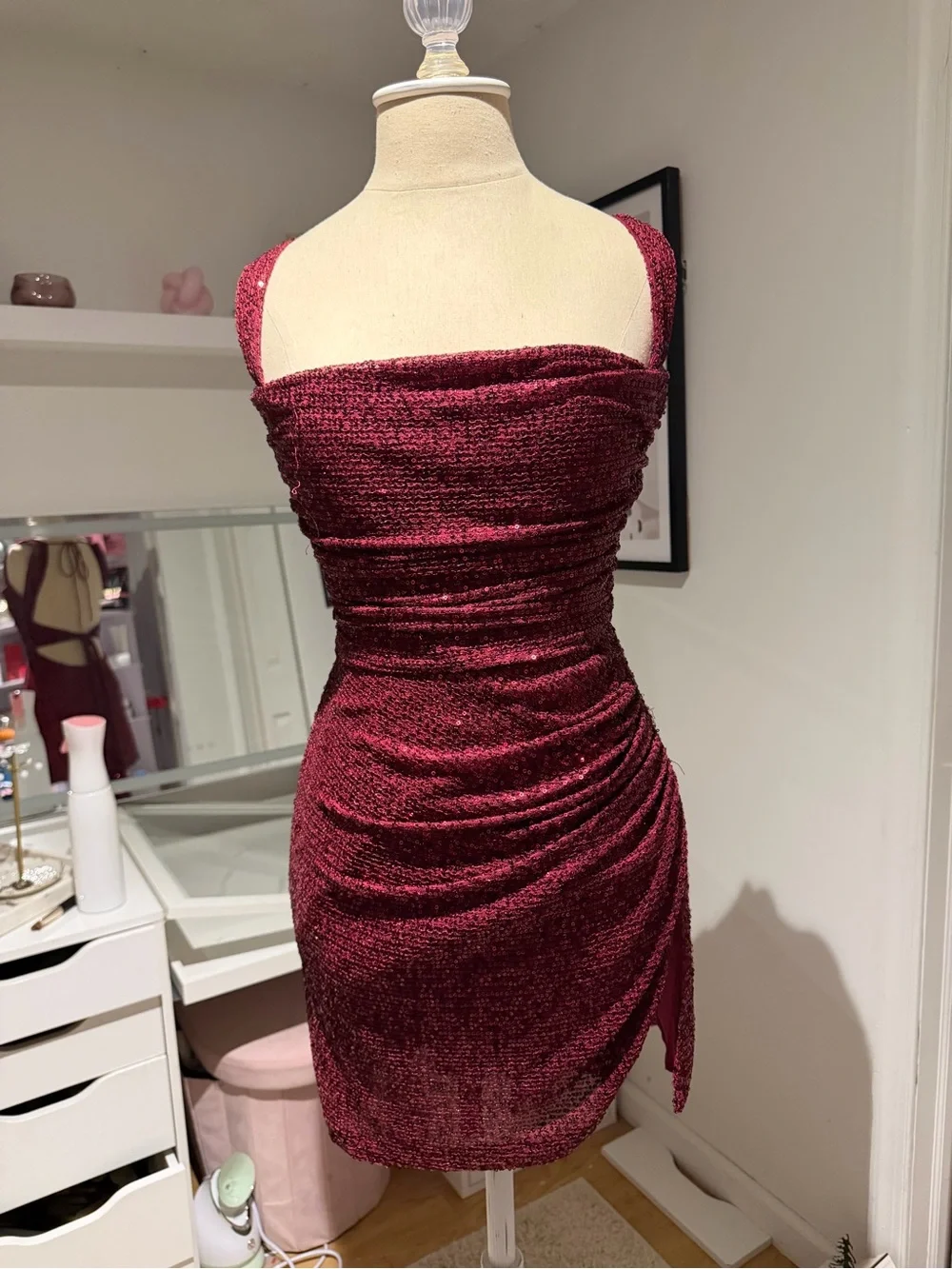 Lucy in the Sky Burgundy Sparkle Draped Mini Dress